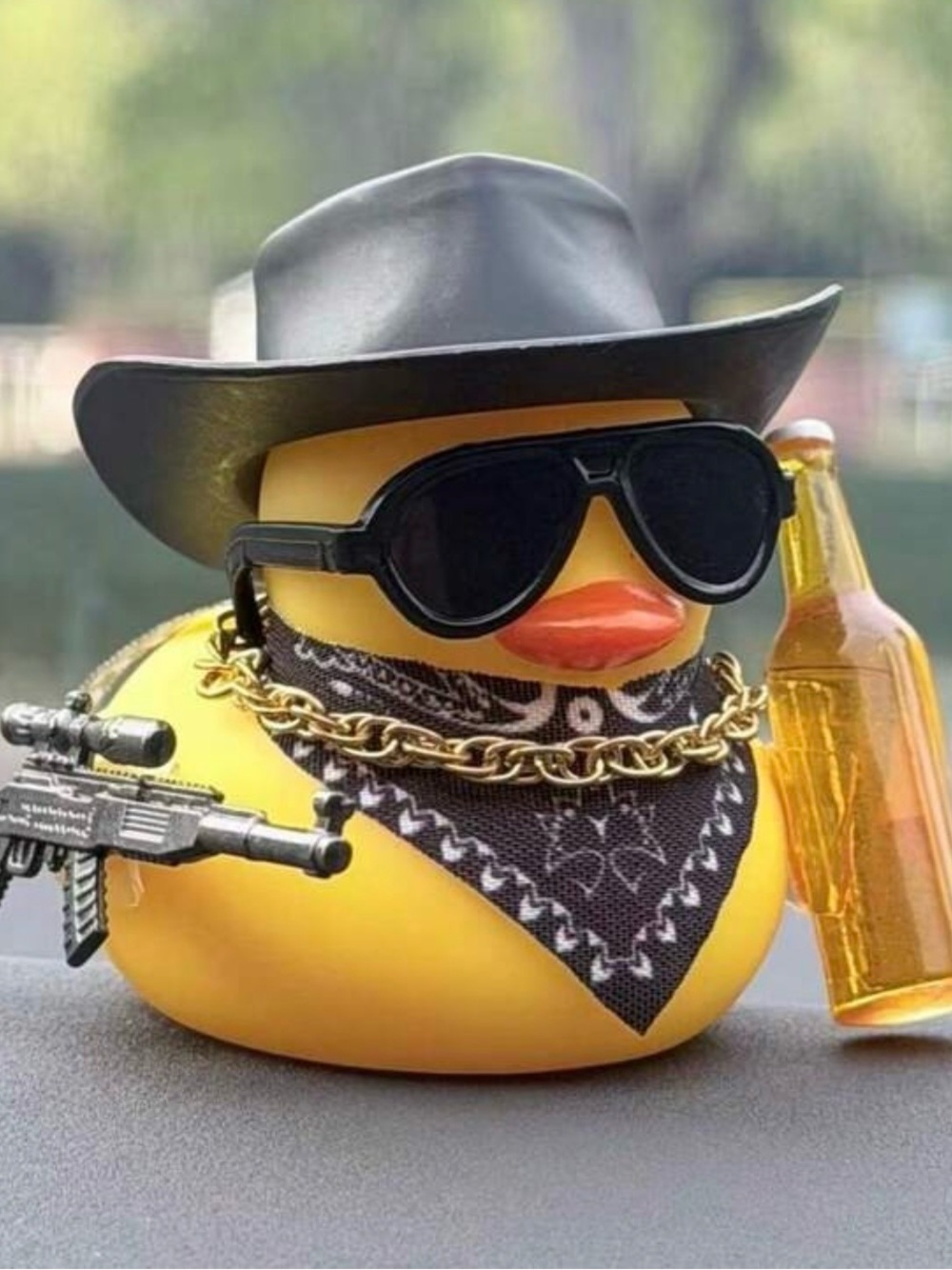 Yellow Mini Duck Figurine Plastic w/ Hat, Sunglasses, Bandana Chain Gun Bottle
